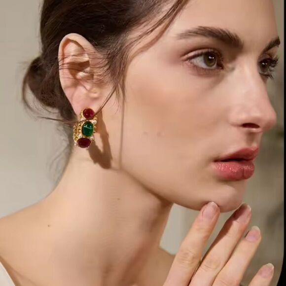 New ANTHRO 18k Gold C French Hoops with Red and Green Gems, Faux Pearls - Picture 8 of 12